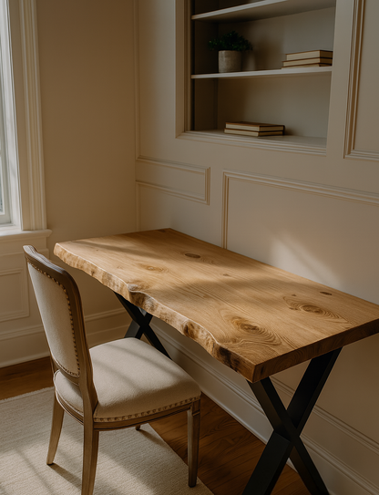 Live / Waney Edge Study Desk / Table With X Cross Metal Legs