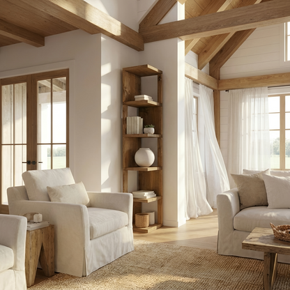 Solid Wood Corner Bookshelf – Natural Finish Open Bookcase, Rustic Scandinavian Design