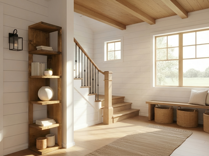 Solid Wood Corner Bookshelf – Natural Finish Open Bookcase, Rustic Scandinavian Design