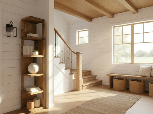 Solid Wood Corner Bookshelf – Natural Finish Open Bookcase, Rustic Scandinavian Design