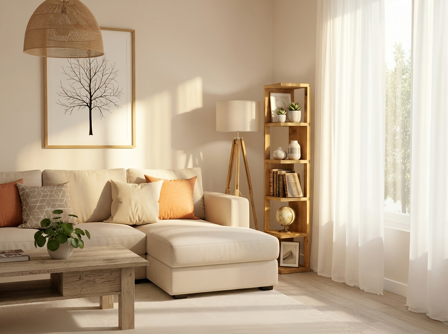 Solid Wood Corner Bookshelf – Natural Finish Open Bookcase, Rustic Scandinavian Design