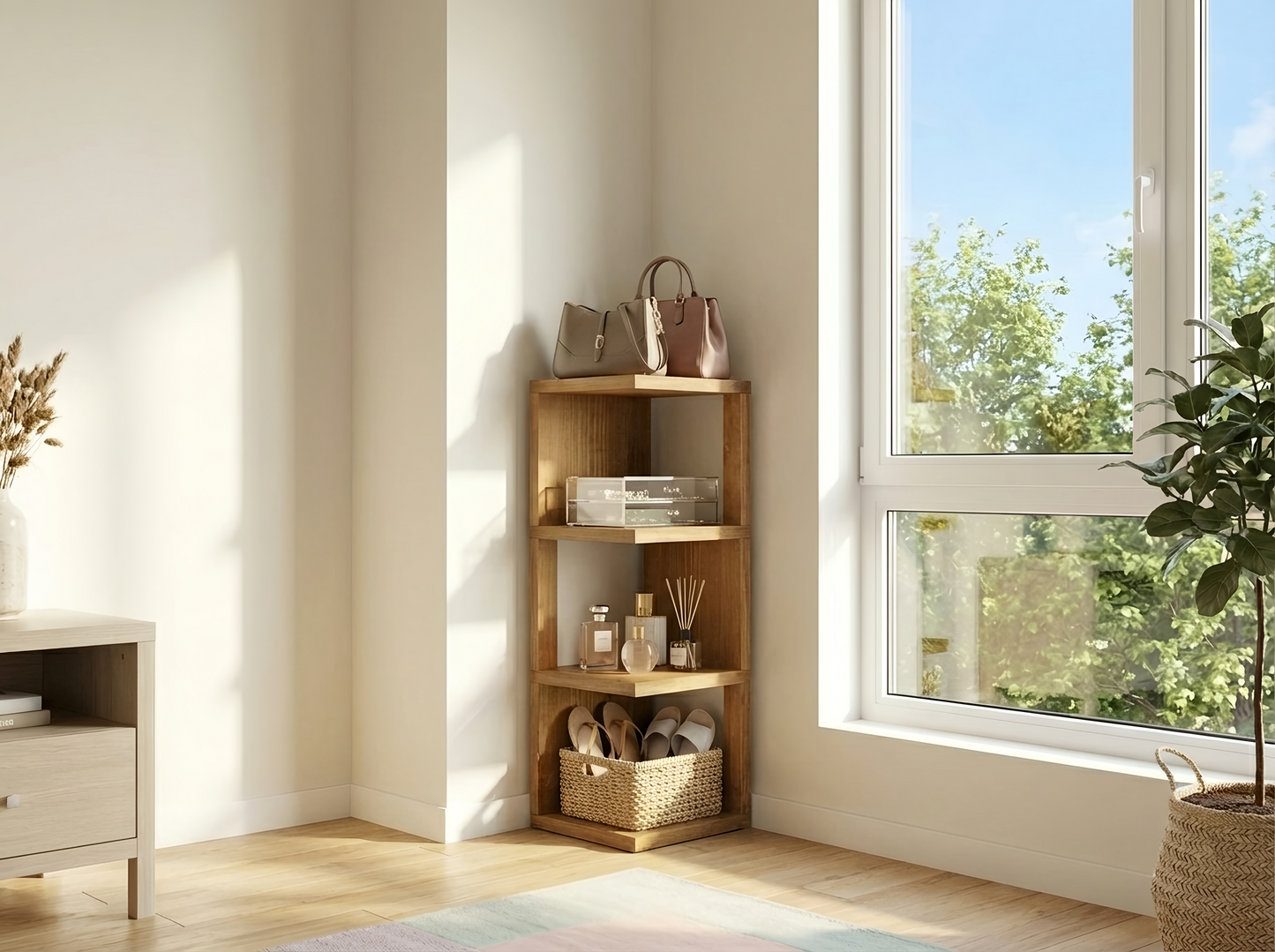 Solid Wood Corner Bookshelf – Natural Finish Open Bookcase, Rustic Scandinavian Design