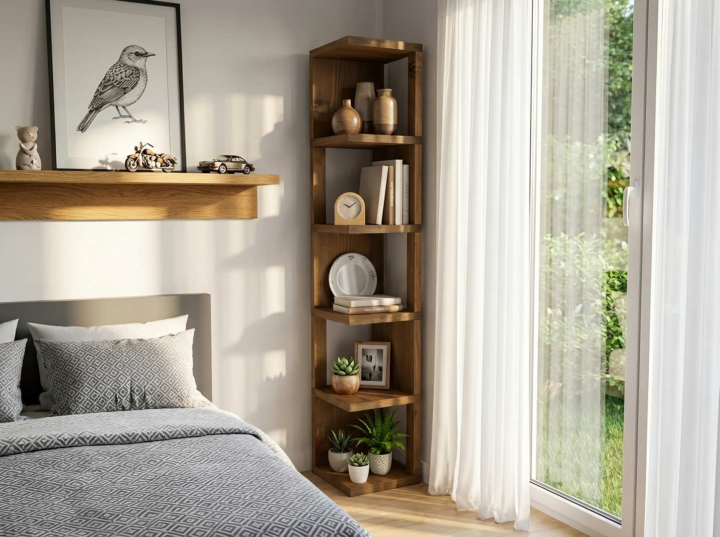 Solid Wood Corner Bookshelf – Natural Finish Open Bookcase, Rustic Scandinavian Design