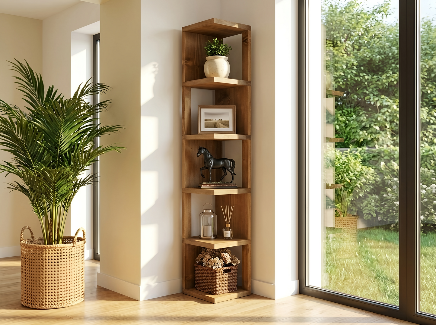 Solid Wood Corner Bookshelf – Natural Finish Open Bookcase, Rustic Scandinavian Design