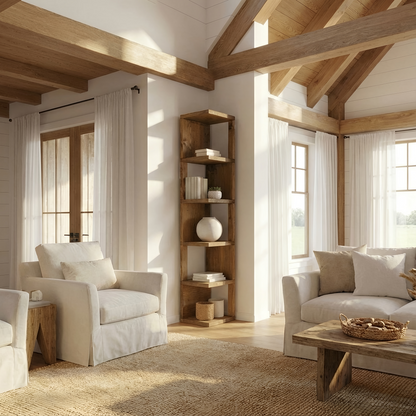 Solid Wood Corner Bookshelf – Natural Finish Open Bookcase, Rustic Scandinavian Design