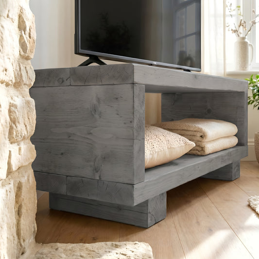 TORIE Grey Solid Wood Chunky TV Unit