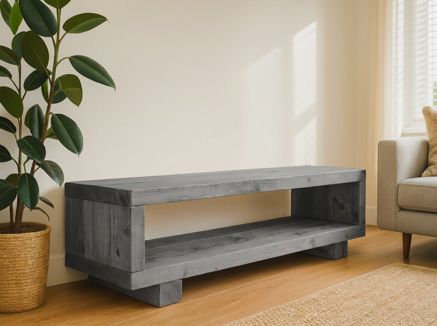 TORIE Grey Solid Wood Chunky TV Unit