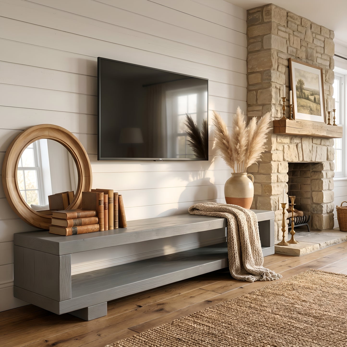 TORIE Grey Solid Wood Chunky TV Unit