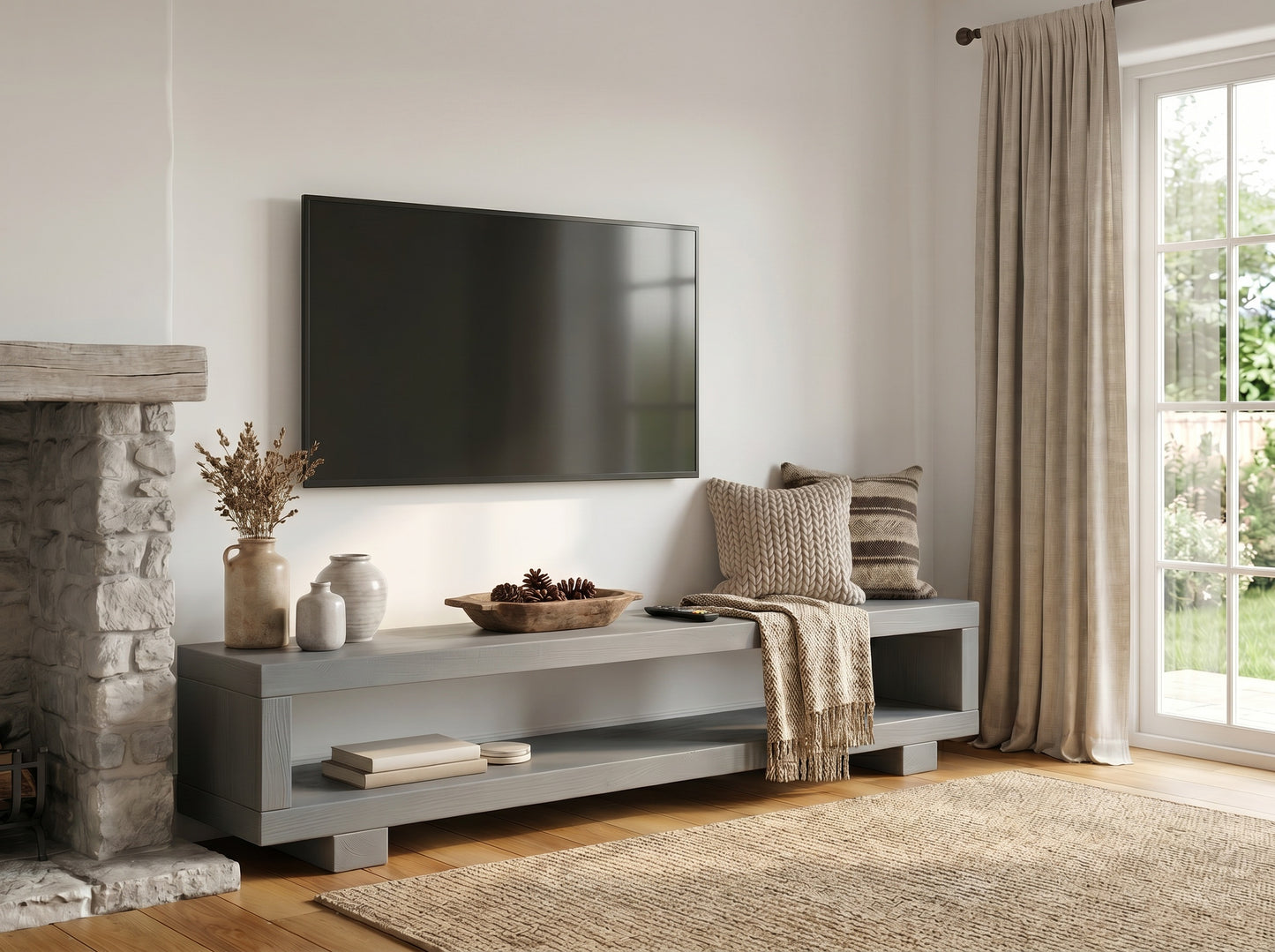 TORIE Grey Solid Wood Chunky TV Unit