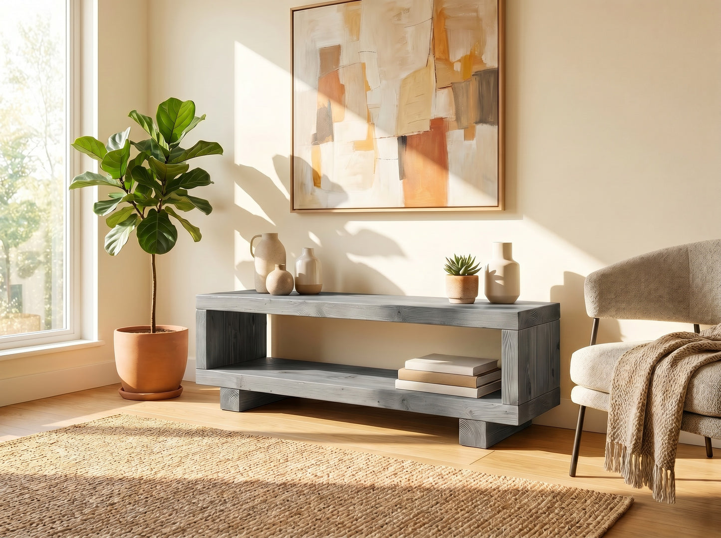 TORIE Grey Solid Wood Chunky TV Unit