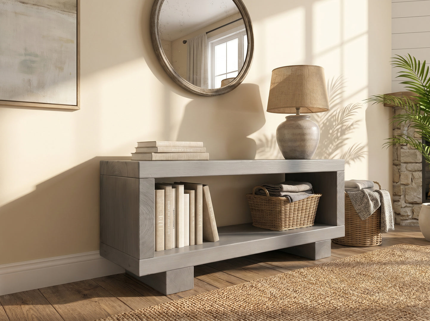 TORIE Grey Solid Wood Chunky TV Unit