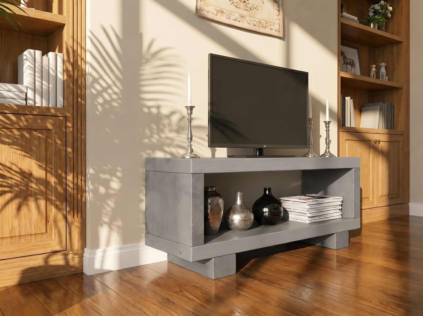 TORIE Grey Solid Wood Chunky TV Unit