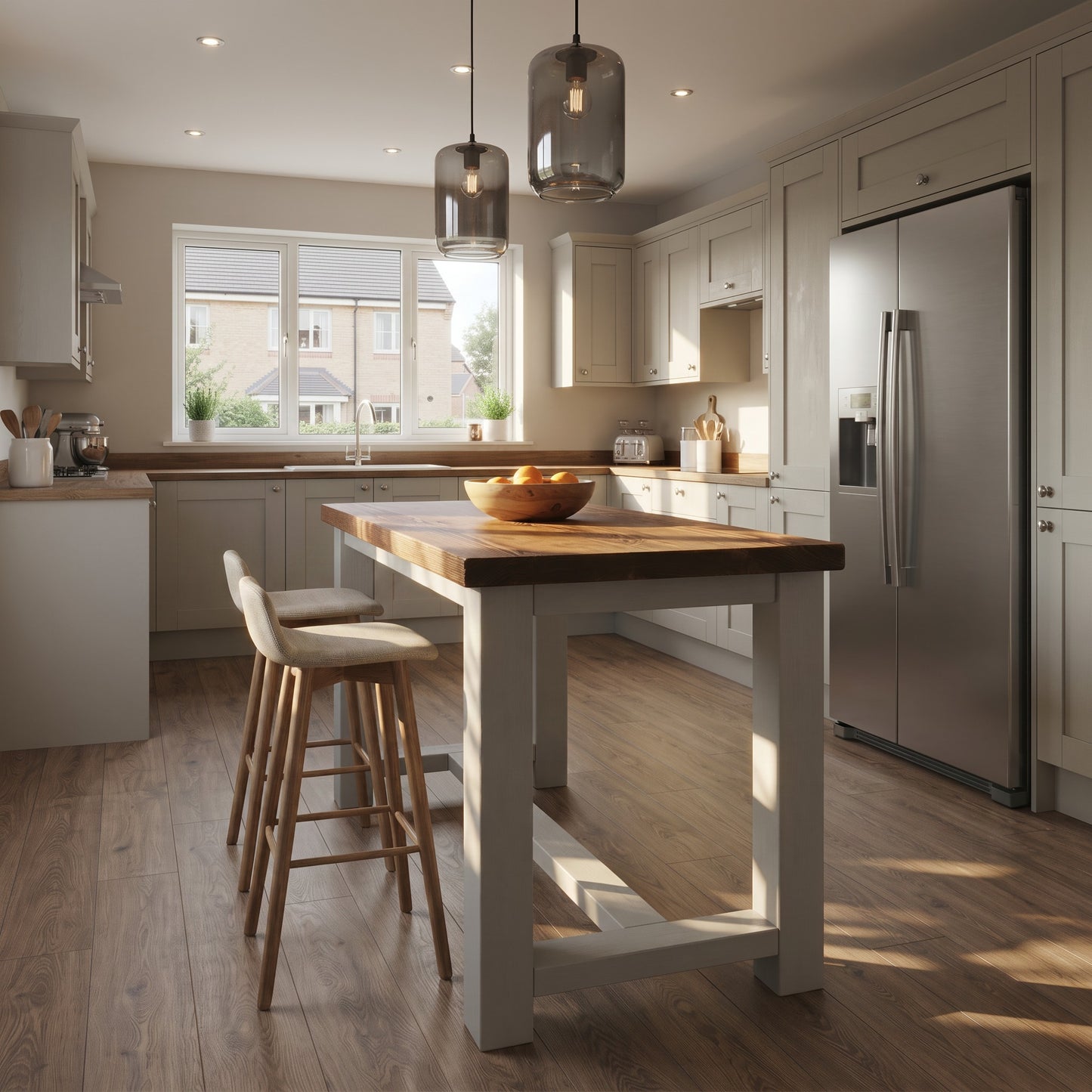 HAZEL Light Grey Island Solid Wood Kitchen Island With Shelf / Breakfast Bar