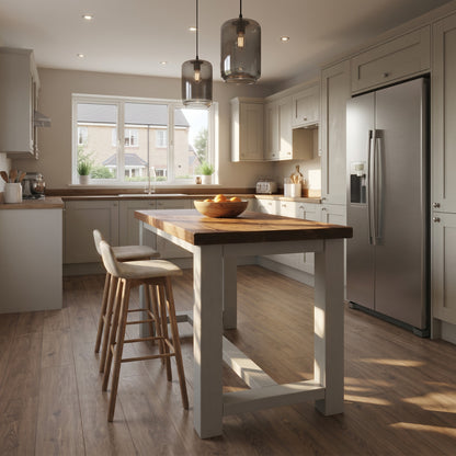 HAZEL Light Grey Island Solid Wood Kitchen Island With Shelf / Breakfast Bar
