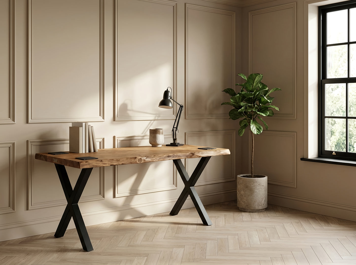 Live / Waney Edge Study Desk / Table With X Cross Metal Legs