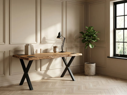 Live / Waney Edge Study Desk / Table With X Cross Metal Legs