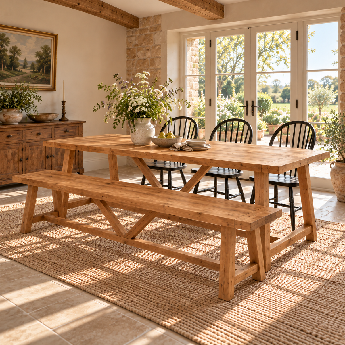 MONTFORD Solid Wood Dining Table With Wooden Legs and Optional Benches