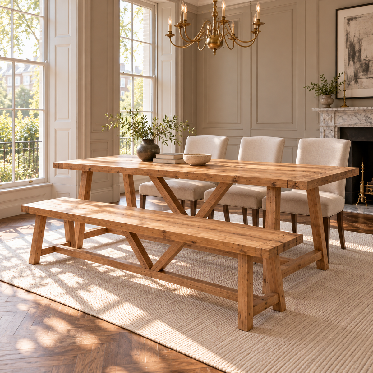 MONTFORD Solid Wood Dining Table With Wooden Legs and Optional Benches