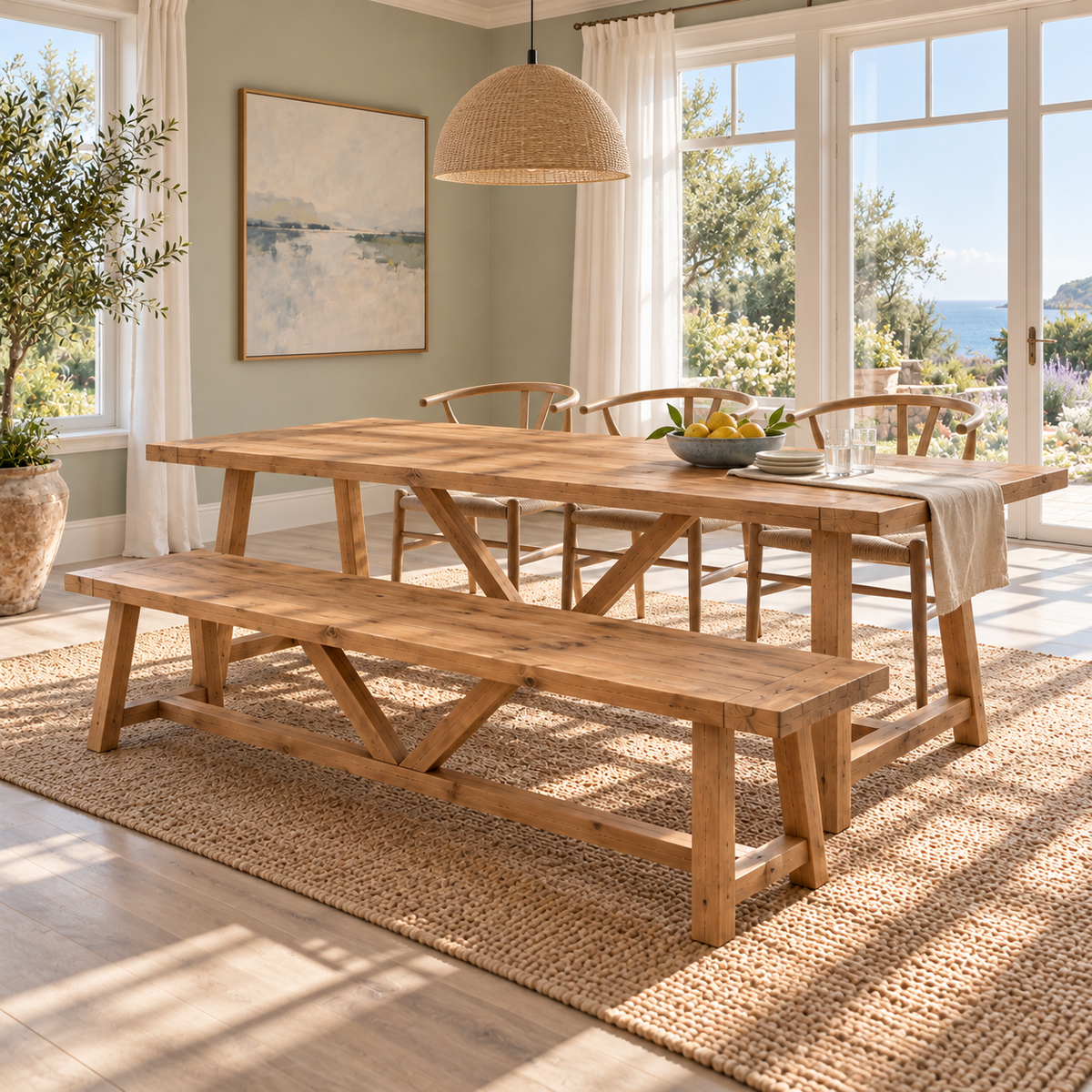 MONTFORD Solid Wood Dining Table With Wooden Legs and Optional Benches