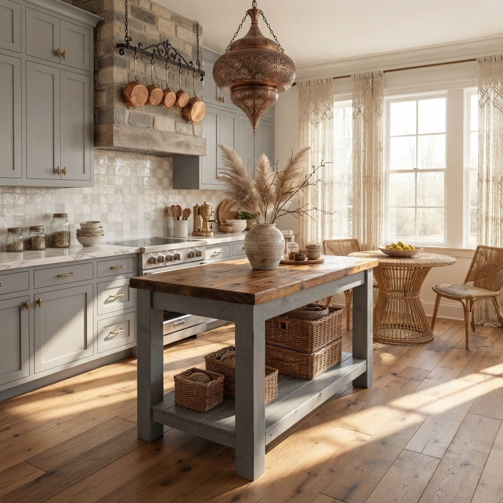 NESTON Medium Grey Kitchen Island / Breakfast Bar / Rustic Grey Painted Island