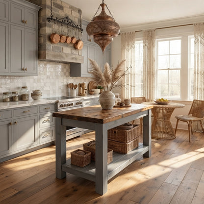 NESTON Medium Grey Kitchen Island / Breakfast Bar / Rustic Grey Painted Island
