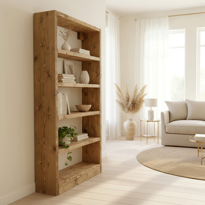 Solid Wood Bookshelf – Natural Finish Open Bookcase, Rustic Scandinavian Design