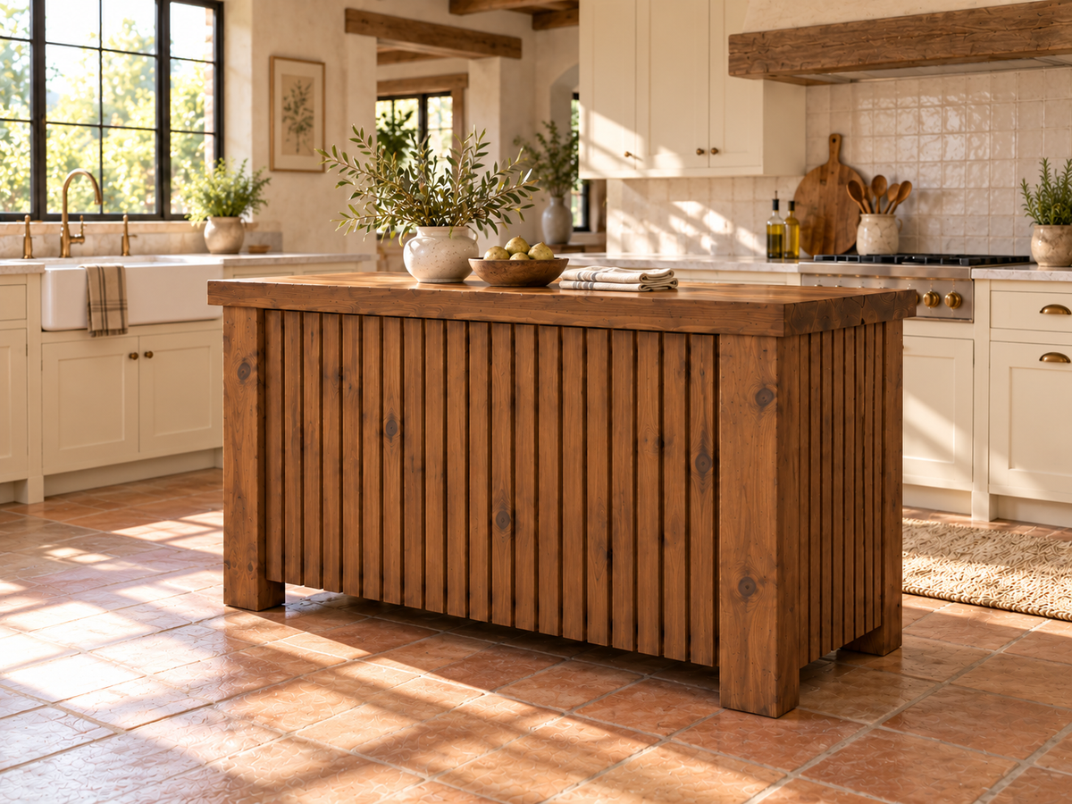 NORCLIFFE Walnut Colour Fluted Doors Kitchen Island / Breakfast Bar / Rustic Island
