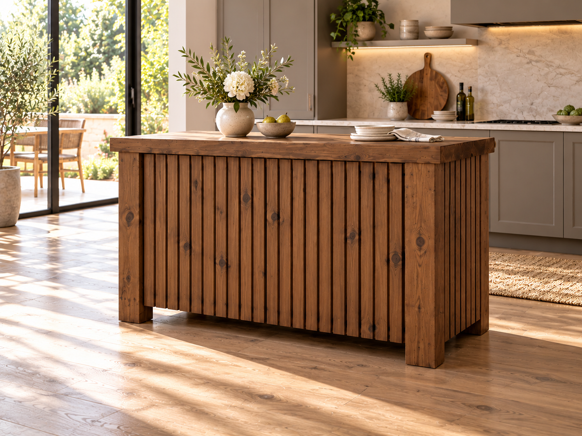 NORCLIFFE Walnut Colour Fluted Doors Kitchen Island / Breakfast Bar / Rustic Island