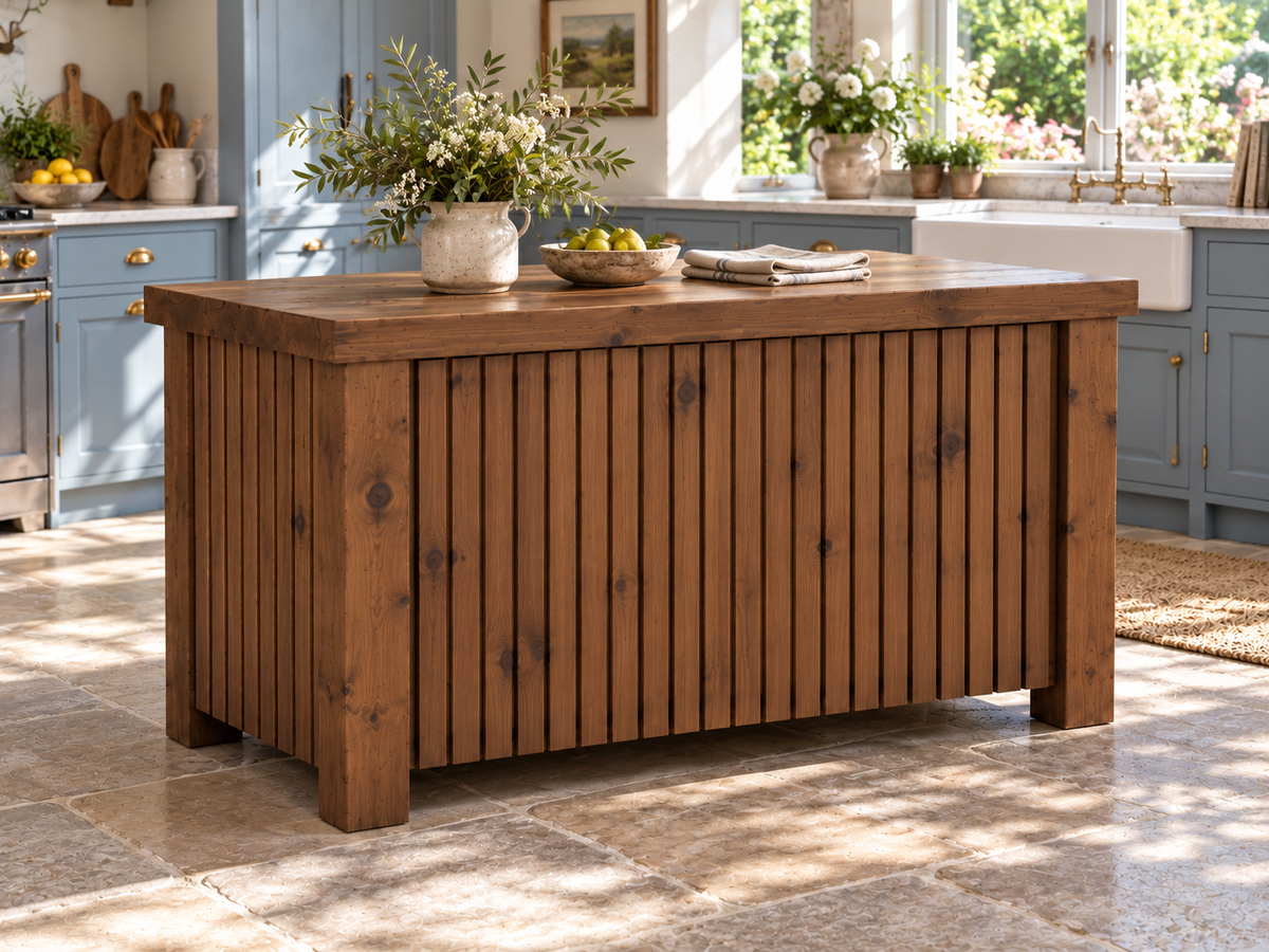 NORCLIFFE Walnut Colour Fluted Doors Kitchen Island / Breakfast Bar / Rustic Island