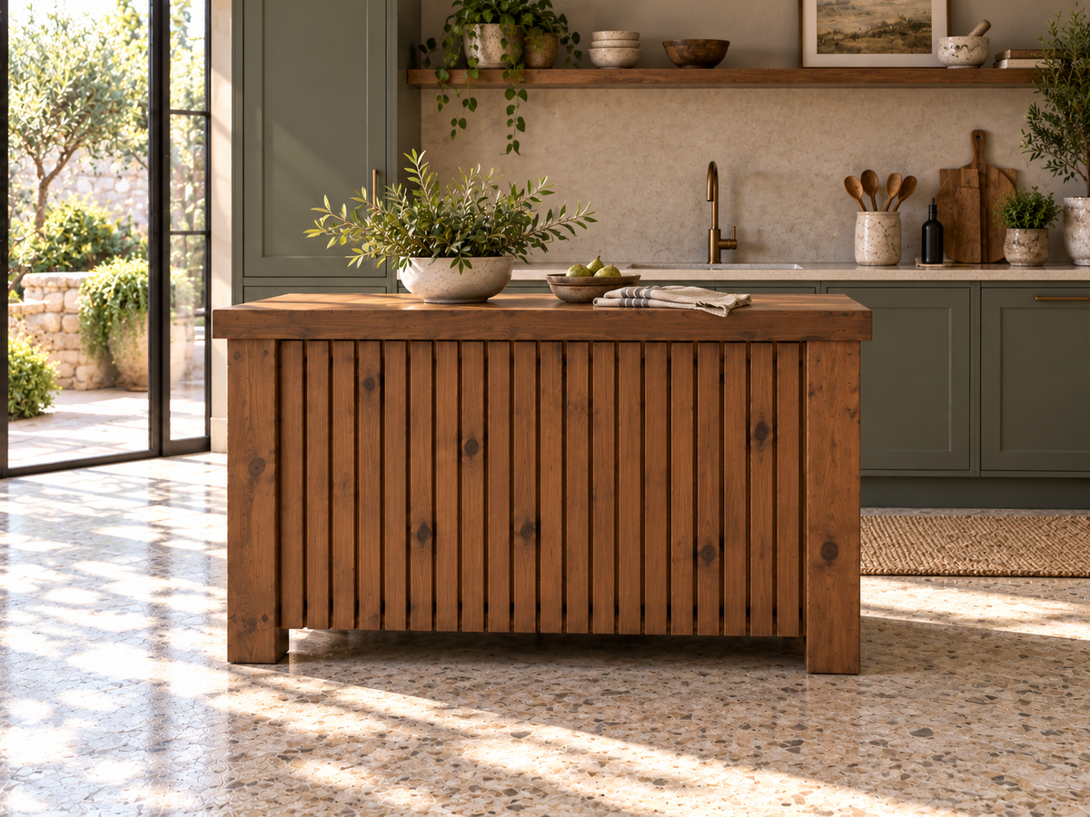 NORCLIFFE Walnut Colour Fluted Doors Kitchen Island / Breakfast Bar / Rustic Island