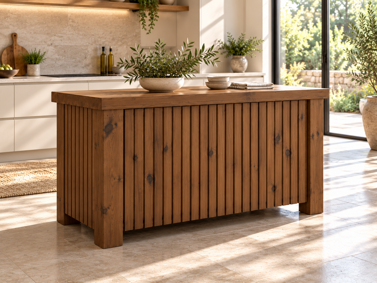 NORCLIFFE Walnut Colour Fluted Doors Kitchen Island / Breakfast Bar / Rustic Island