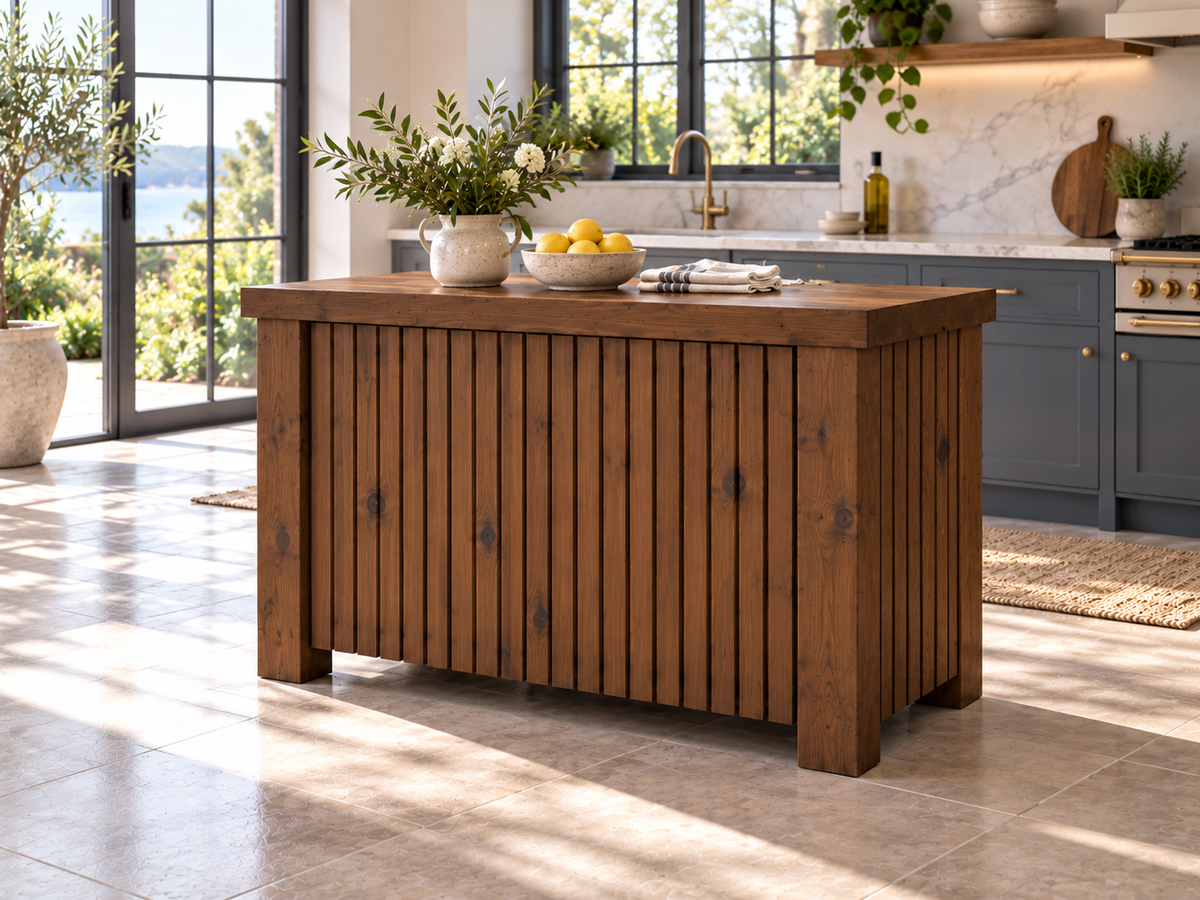 NORCLIFFE Walnut Colour Fluted Doors Kitchen Island / Breakfast Bar / Rustic Island