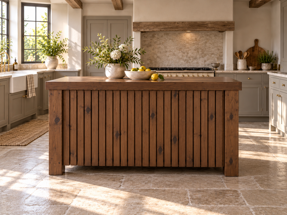 NORCLIFFE Walnut Colour Fluted Doors Kitchen Island / Breakfast Bar / Rustic Island