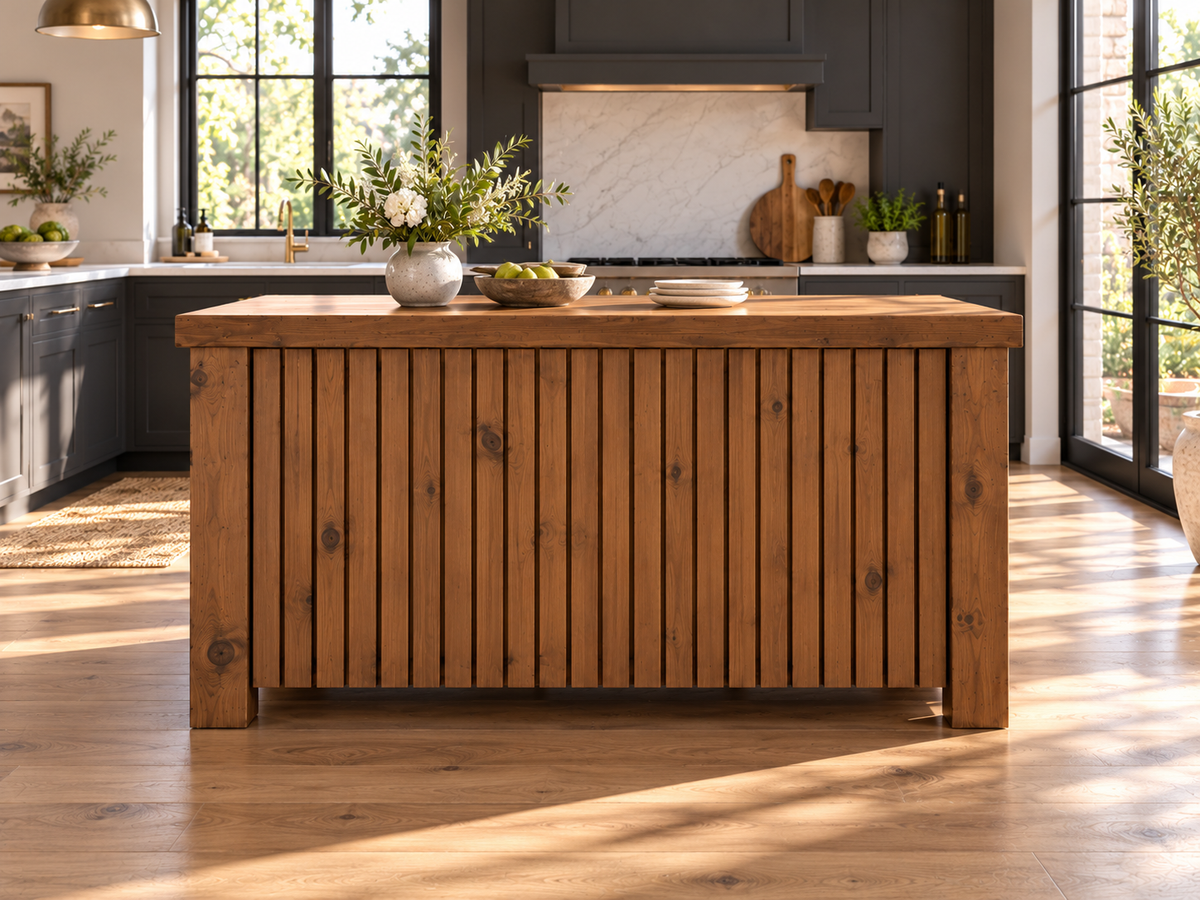 NORCLIFFE Walnut Colour Fluted Doors Kitchen Island / Breakfast Bar / Rustic Island