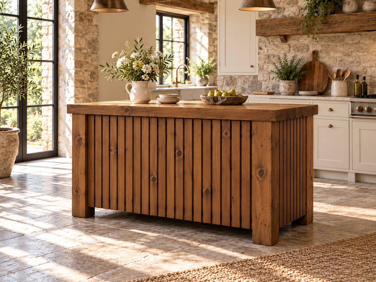 NORCLIFFE Walnut Colour Fluted Doors Kitchen Island / Breakfast Bar / Rustic Island
