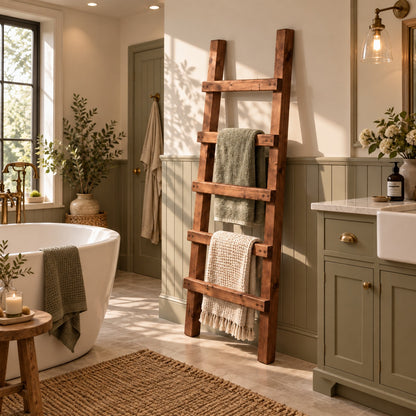 QUENBY Walnut Colour Rustic Solid Wooden Towel Ladder | Freestanding Leaning Bathroom Towel Rail | Handmade Wood Blanket & Towel Rack