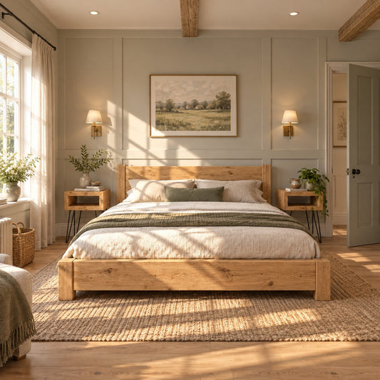 Ashbourne Light Oak Colour Bed Frame 30cm High  / Chunky Solid Rustic Pine Bed with Headboard