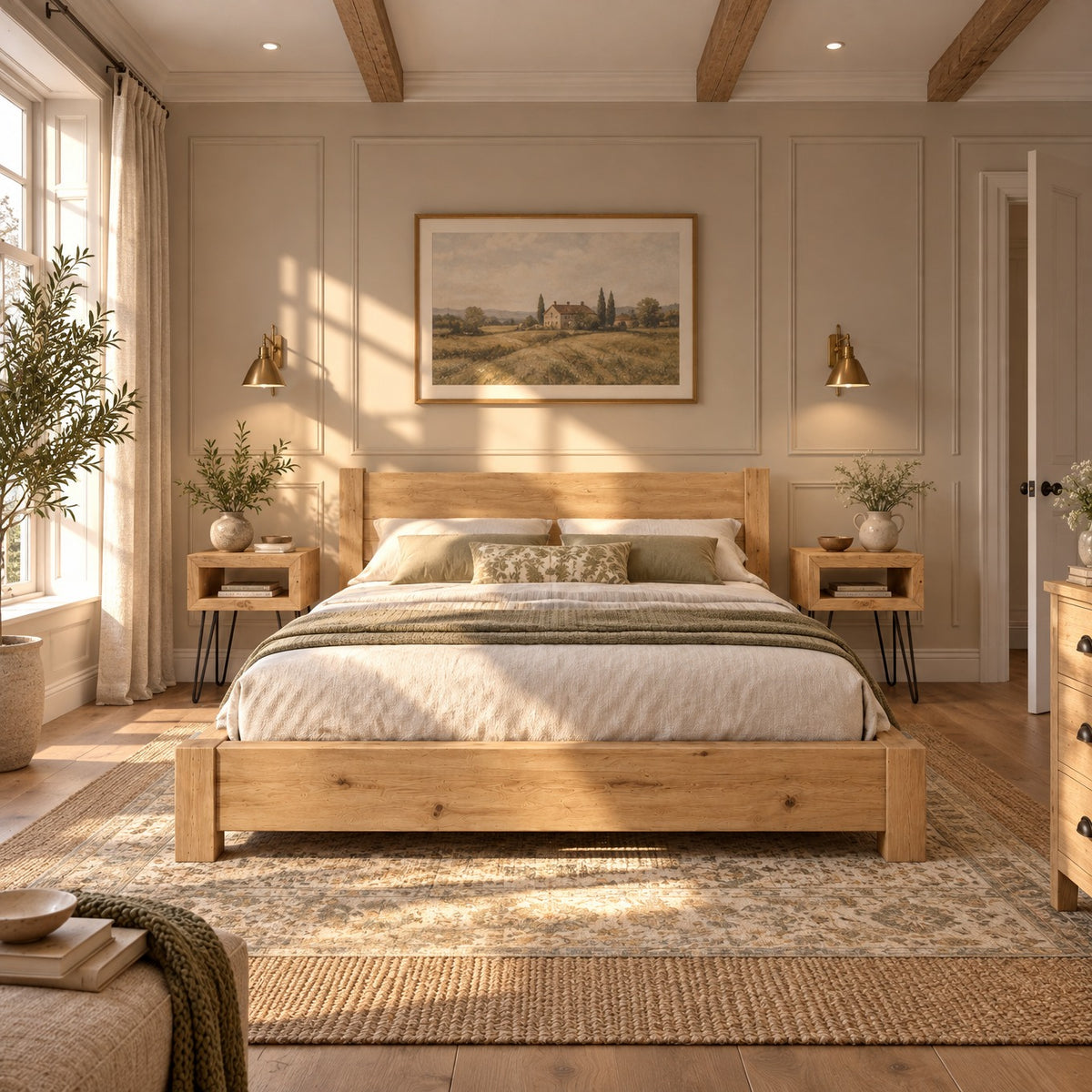 Ashbourne Light Oak Colour Bed Frame 30cm High  / Chunky Solid Rustic Pine Bed with Headboard