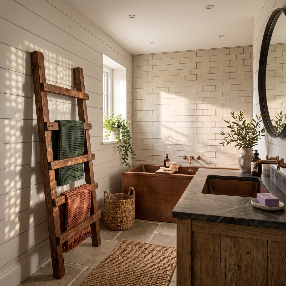 QUENBY Walnut Colour Rustic Solid Wooden Towel Ladder | Freestanding Leaning Bathroom Towel Rail | Handmade Wood Blanket & Towel Rack