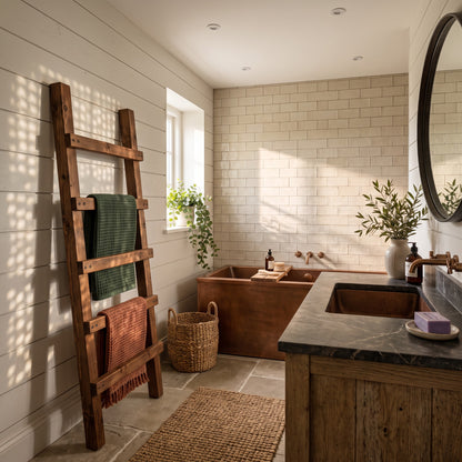 QUENBY Walnut Colour Rustic Solid Wooden Towel Ladder | Freestanding Leaning Bathroom Towel Rail | Handmade Wood Blanket & Towel Rack