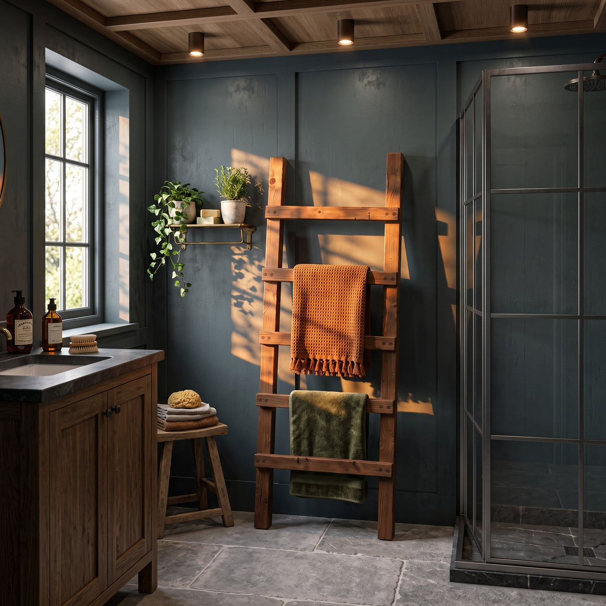 QUENBY Walnut Colour Rustic Solid Wooden Towel Ladder | Freestanding Leaning Bathroom Towel Rail | Handmade Wood Blanket & Towel Rack