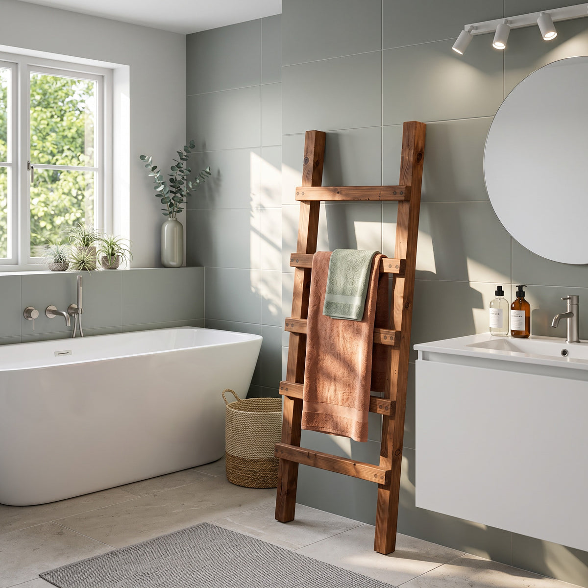 QUENBY Walnut Colour Rustic Solid Wooden Towel Ladder | Freestanding Leaning Bathroom Towel Rail | Handmade Wood Blanket & Towel Rack
