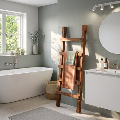 QUENBY Walnut Colour Rustic Solid Wooden Towel Ladder | Freestanding Leaning Bathroom Towel Rail | Handmade Wood Blanket & Towel Rack