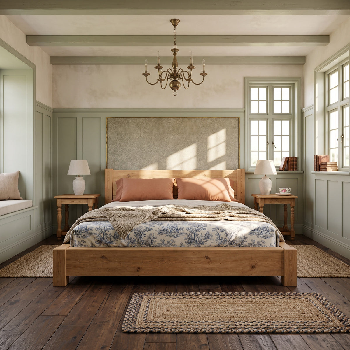 Ashbourne Light Oak Colour Bed Frame 30cm High  / Chunky Solid Rustic Pine Bed with Headboard