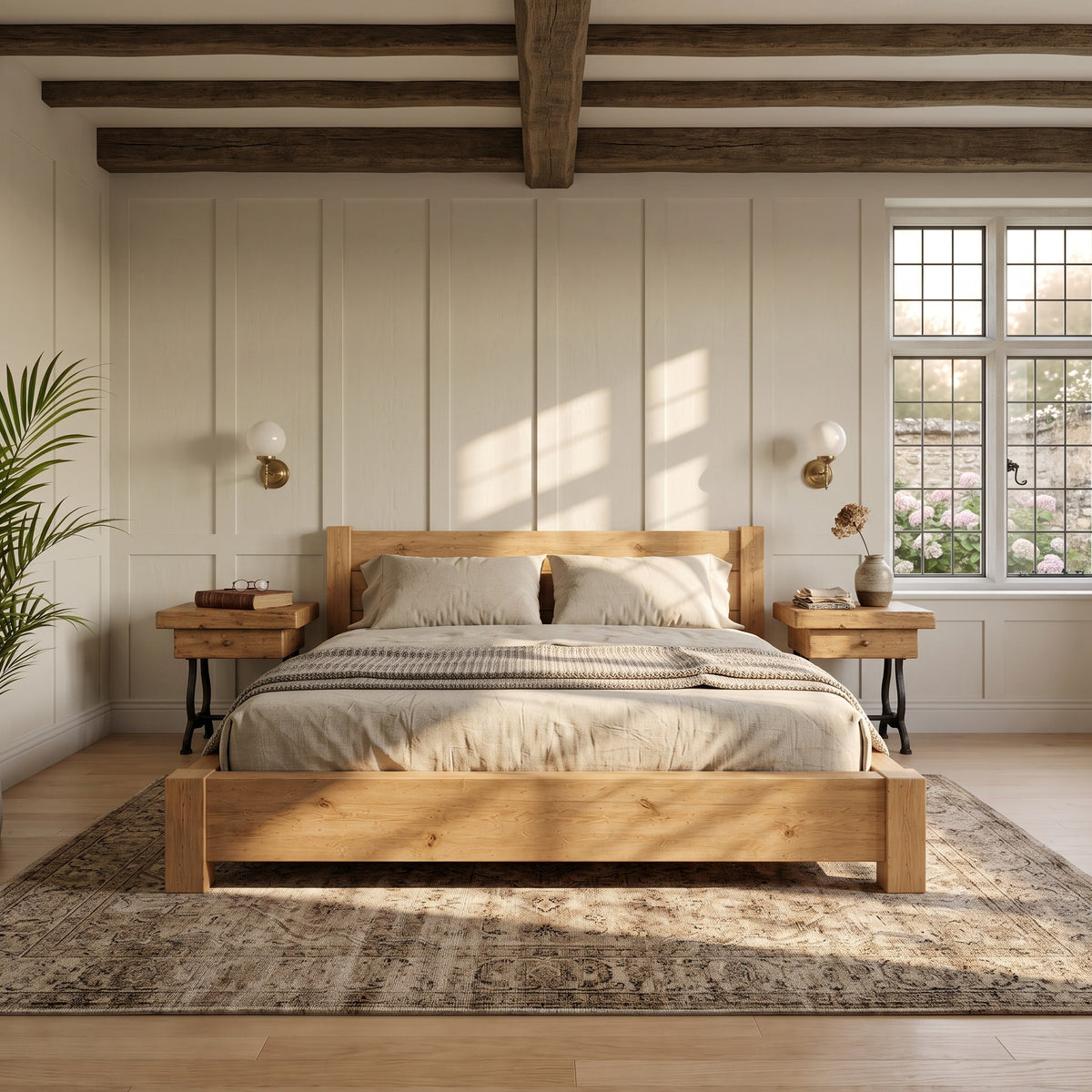 Ashbourne Light Oak Colour Bed Frame 30cm High  / Chunky Solid Rustic Pine Bed with Headboard