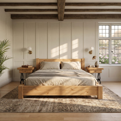 Ashbourne Light Oak Colour Bed Frame 30cm High  / Chunky Solid Rustic Pine Bed with Headboard