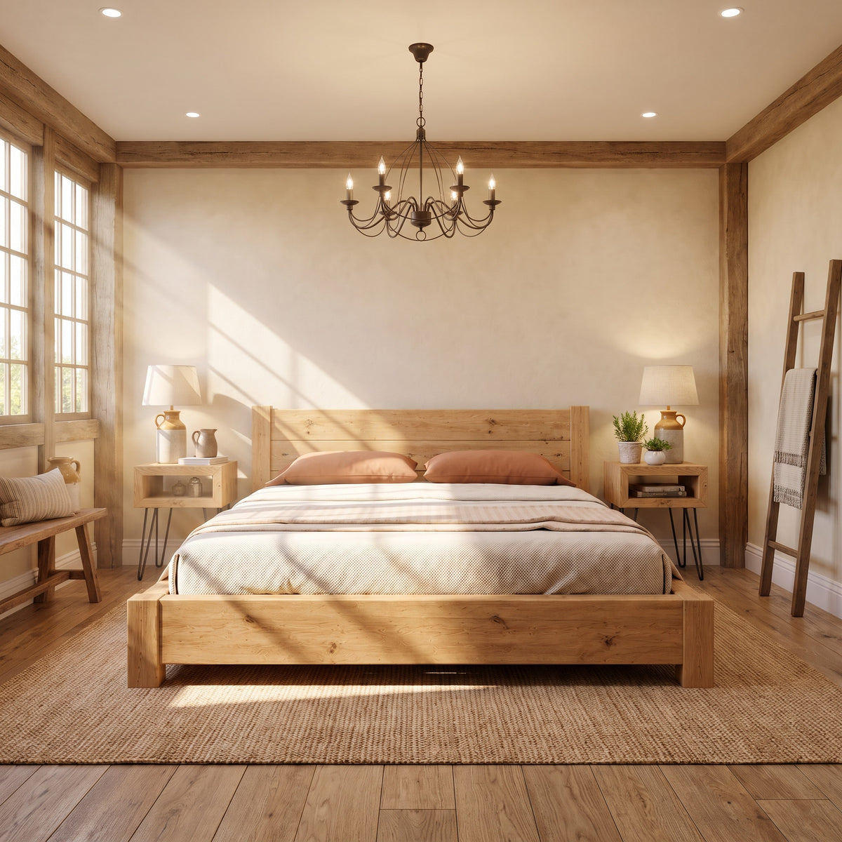 Ashbourne Light Oak Colour Bed Frame 30cm High  / Chunky Solid Rustic Pine Bed with Headboard