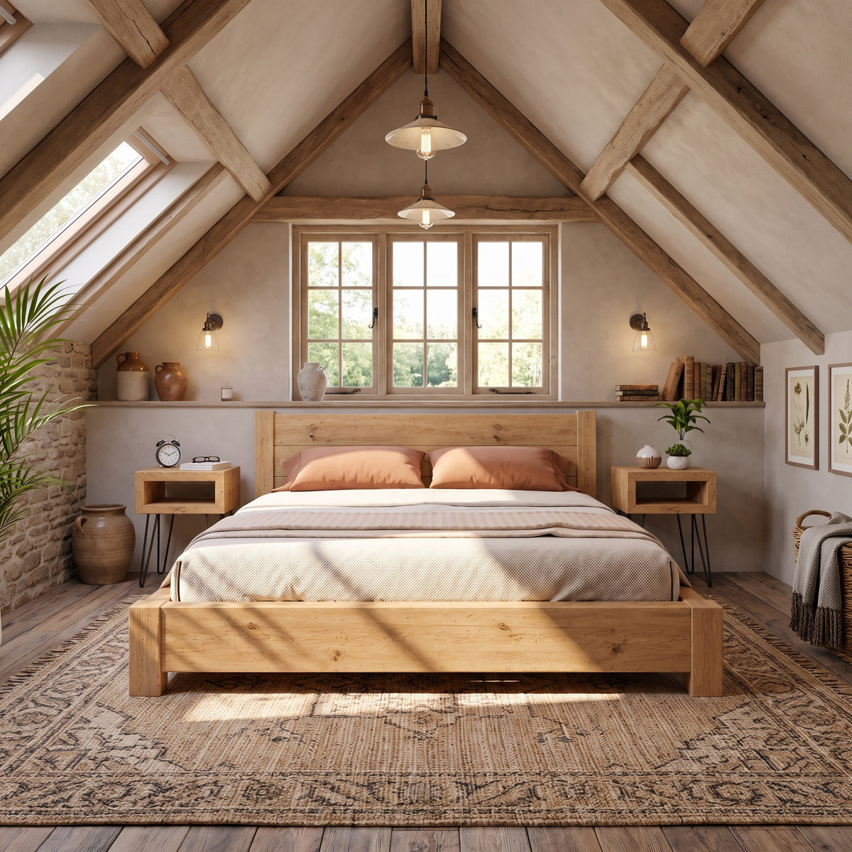 Ashbourne Light Oak Colour Bed Frame 30cm High  / Chunky Solid Rustic Pine Bed with Headboard