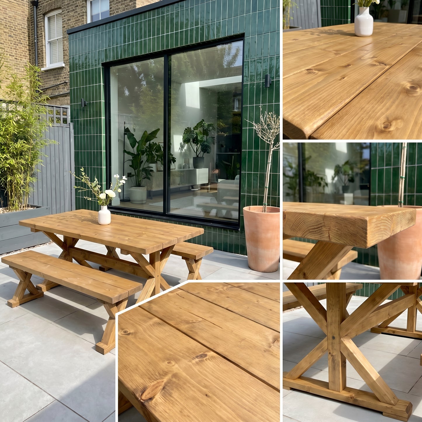 Outdoor Table With Timber Cross Legs and Bench