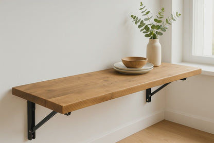 Foldable Wall-Mounted Solid Wood Table – Rustic Wood with Heavy-Duty Black Brackets – Space-Saving Desk for Kitchen, Office, or Small Spaces